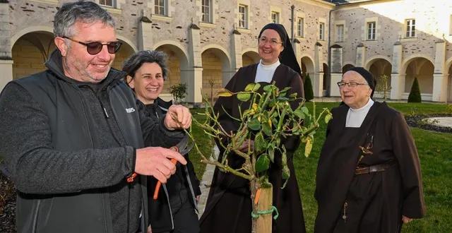 photo  angers, carmel, le 20 janvier 2026. les paysagistes régis et virginie antier, la prieure sœur charlotte-marie et sœur thérèse-marguerite dans le cloître et son jardin réaménagés.  &copy;  co - laurent combet 