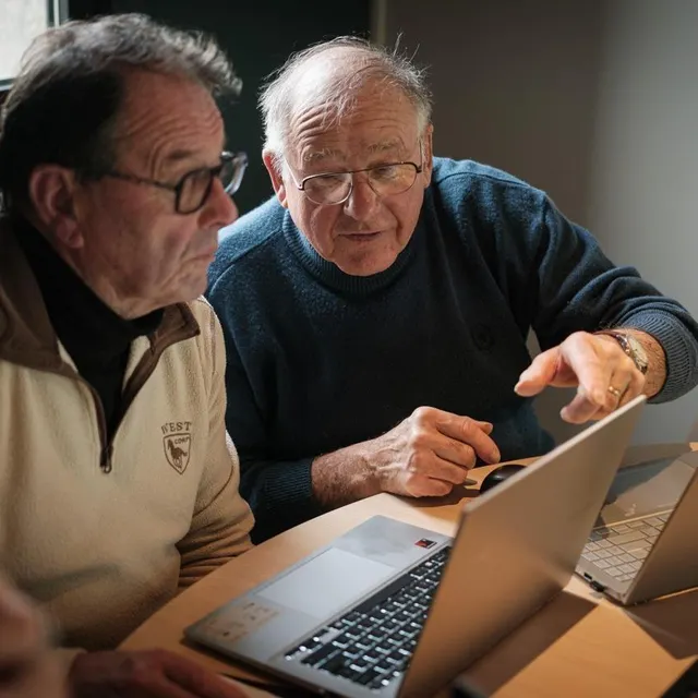 photo daniel, 76 ans, a trouvé avec jean-claude, 80 ans, un voisin doué en informatique qui se débrouille très bien.  ©  simon torlotin / ouest-france