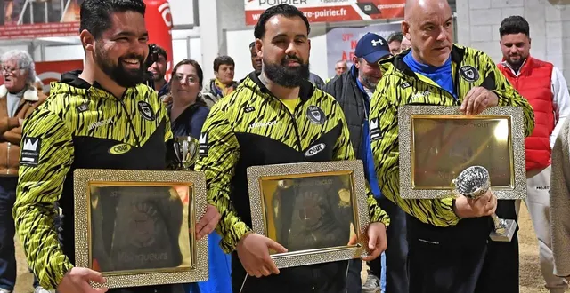 photo  cholet, la meilleraie, dimanche 8 février 2026. magny baldwin, ligan doerr et patrick coppa (de gauche à droite), les vainqueurs du national à pétanque 2026.  &copy;  co - étienne lizambard 