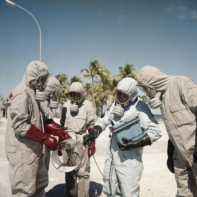 photo en 1966, sur une aire de décontamination de l’atoll de hao, des personnels en tenue de protection testent la radioactivité de matériel avec un détecteur après un tir d’essai nucléaire.  ©  © robert antoine/ecpad/défense