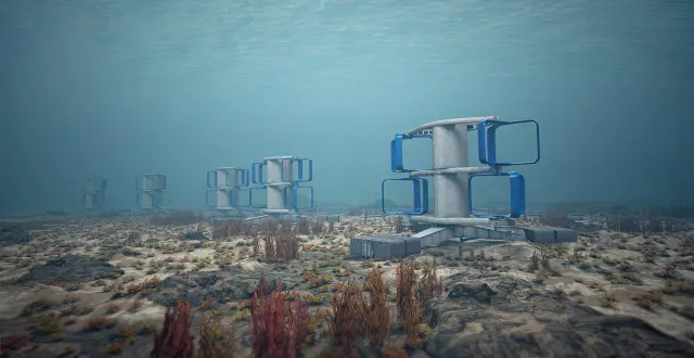 photo  une vue d’artiste de ce à quoi ressemblera la ferme hydrolienne flowatt dans le raz blanchard, devant le cap de la hague (manche).  &copy;  hydroquest 