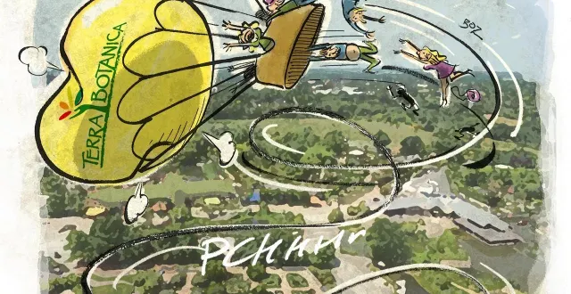 photo  adieu l’emblème du parc terra botanica. le ballon, trop vieux, ne volera plus. notre dessinateur, boz, imagine le moment où il vivra ses derniers instants…  &copy;  boz 