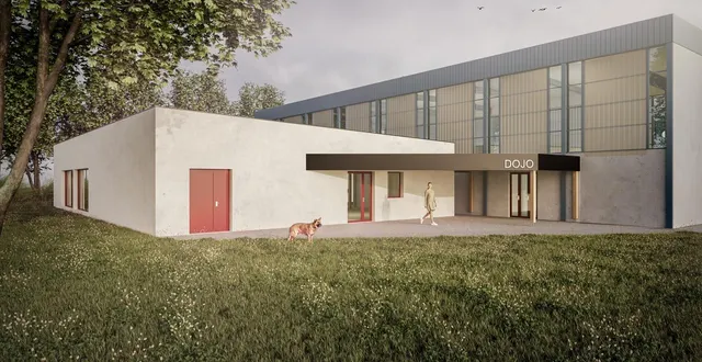 photo  le rendu photo réaliste de l’avant-projet présenté au conseil municipal : l’extension (blanche) optimisera l’utilisation du gymnase godard existant, visible à droite derrière.  &copy;  atelier bleu d’archi 