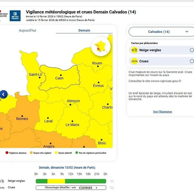 photo la normandie est placée en vigilance jaune neige-verglas par météo france, sauf le département de la manche qui est en vigilance jaune crues, dans son bulletin de prévisions de ce samedi 14 février 2026 au matin.  ©  capture d’écran météo france