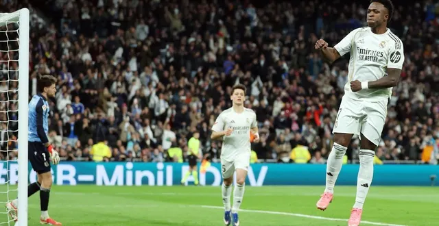 photo  vinicius junior célèbre son premier but face à la real sociedad.  &copy;  pierre-philippe marcou / afp 