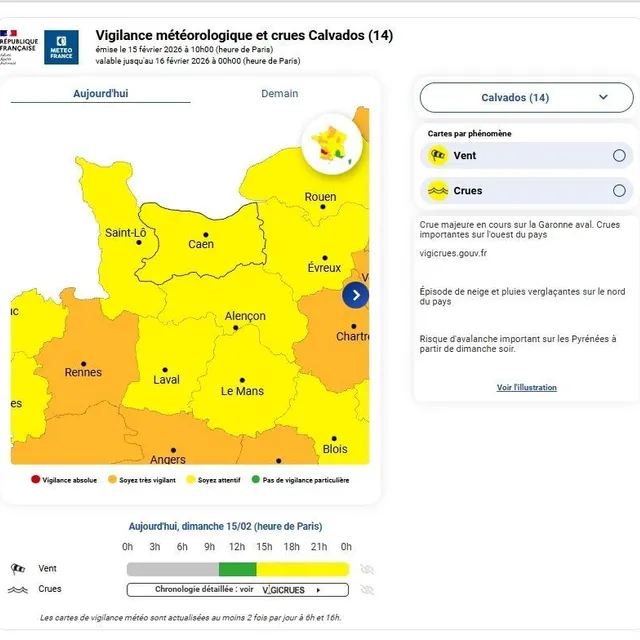 Des vigilances, vent, pluie-inondation, crues et/ou neige-verglas sont activées dans les cinq départements de Normandie. Capture d’écran Météo France photo des vigilances, vent, pluie-inondation, crues et/ou neige-verglas sont activées dans les cinq départements de normandie. © capture d’écran météo france