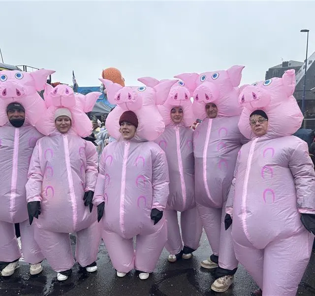 Des cochons qui sont venus de Fresnay-sur-Sarthe (Sarthe). Leur premier carnaval de Granville. \ photo des cochons qui sont venus de fresnay-sur-sarthe (sarthe). leur premier carnaval de granville. \\