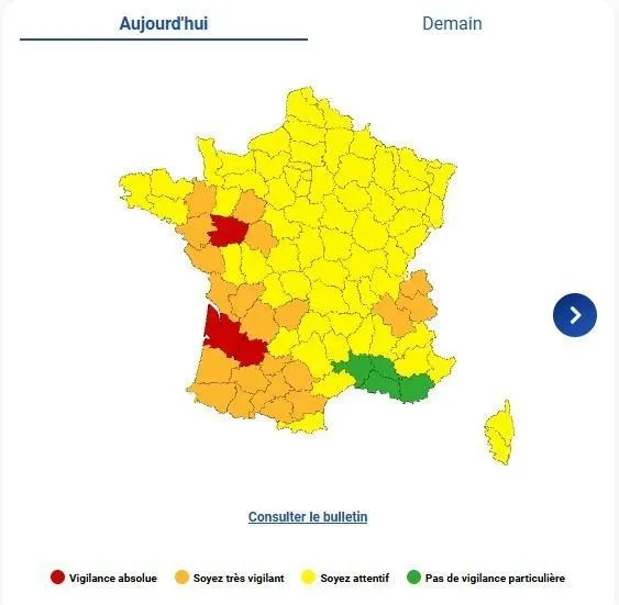 La carte de vigilance de Météo France, ce lundi 16 février. Capture d'écran : Météo France photo la carte de vigilance de météo france, ce lundi 16 février. © capture d'écran : météo france