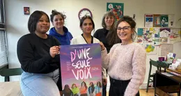 actu cin&eacute;ma  angers, vendredi 13 février 2026. victoria keita, clémentine david du planning familial, tikuna barbakadze, isabelle mandin et tesslye lopez les deux réalisatrices du documentaire 