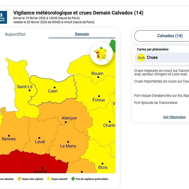 photo les vigilances de météo france pour la journée de vendredi 20 février en normandie.  ©  capture d’écran météo france