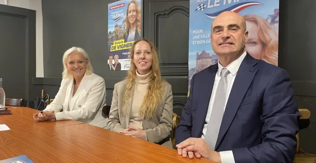 photo  marie-caroline le pen, victoria de vigneral et marc giudice ont présenté la liste du rassemblement national pour les élections municipales 2026 au mans.  &copy;  ouest-france 