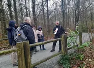 photo  olivier loir de la lpo indique aux élus la présence de nombreux lauriers palmes, espèce invasive 