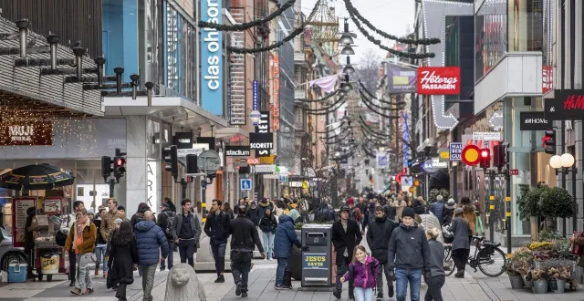 photo  des passants flânent dans la rue commerçante drottninggatan, au centre de stockholm en novembre 2020.  &copy;  fredrik sandberg/archives afp 