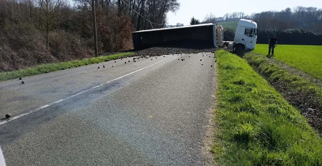photo  la remorque d’un poids lourd transportant des betteraves s’est retrouvée sur le flanc, ce jeudi 26 février, à l’entrée de bouloire dans la sarthe.  &copy;  thomas chambrier 