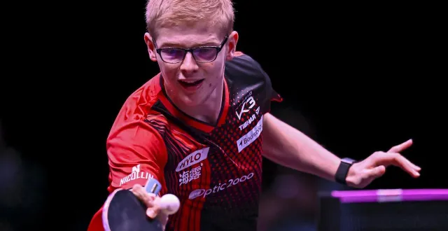 photo  félix lebrun lors de son match contre patrick franziska lors du wtt champions de doha le 7 janvier 2026.  &copy;  noushad thekkayil / nurphoto via afp 