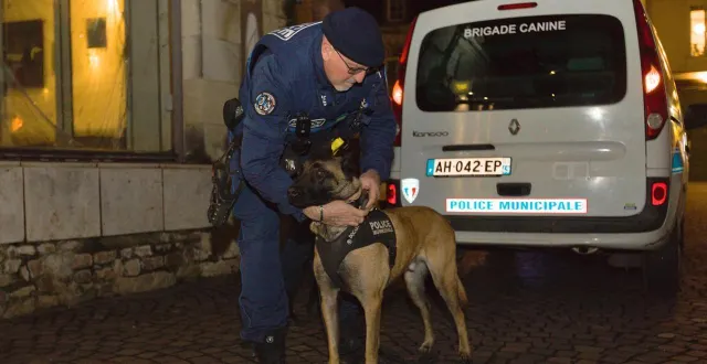 photo  saumur, vendredi 27 février. dans la soirée, josé, policier municipal, patrouille avec son chien dans les rues de saumur.  &copy;  co - robin peter 