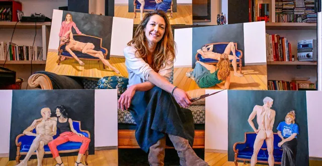 photo  céline pelat réalise depuis 2019 une série de tableaux baptisée « mascudité », à découvrir du 10 mars et jusqu’au 4 avril à la brasserie septante-deux, au mans.  &copy;  photo le maine libre - yvon loué 