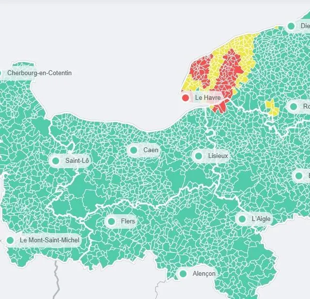Lundi 9 mars, quelques zones (en rouge et en jaune) vont encore être confrontées à la pollution aux particules fines, tandis que la grande majorité de la Normandie repasse au vert. Capture d’écran Atmo photo lundi 9 mars, quelques zones (en rouge et en jaune) vont encore être confrontées à la pollution aux particules fines, tandis que la grande majorité de la normandie repasse au vert. © capture d’écran atmo