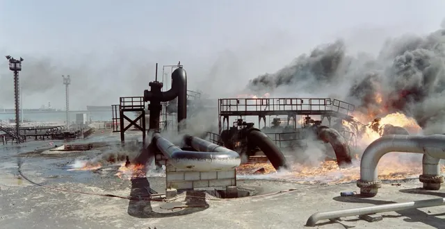 photo  une raffinerie de pétrole, incendiée par les troupes irakiennes, continue de brûler et plonge la région dans l’obscurité totale au sud de la ville de koweït, le 1er mars 1991.  &copy;  photo : archives vincent amalvy / afp 