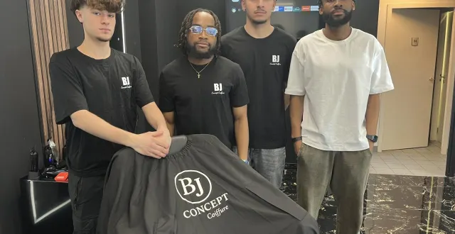 photo  l’équipe bj concept de gauche à droite : keony lallier ; mb barber ; kérim erene et pinance buni jorge, le gérant.  &copy;  le maine libre 