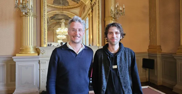photo  grand théâtre, 27 février. l’adjoint à la culture et au patrimoine nicolas dufetel et le directeur artistique d’angers pianopolis alexandre kantorow.  &copy;  photo eline dion 