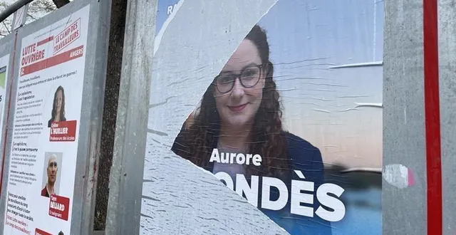 photo  en marge d’une réunion publique d’aurore lahondès, mardi 10 mars 2026 à angers, une dégradation d’affiche a été interrompue. image d’illustration d’une autre affiche déchirée à angers, quartier doutre.  &copy;  ouest-france 