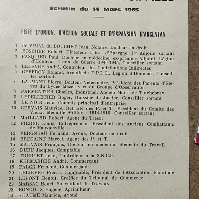 photo le bulletin de la liste vimal du bouchet lors des municipales 1965 à argentan.  ©  collection françois boscher