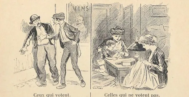 photo  carte postale humoristique éditée au début du xxe siècle, en faveur du droit de vote des femmes.  &copy;  coll. particulière 