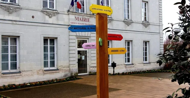 photo  le totem, planté sur le parvis de la mairie de corné indique les directions et distances des communes déléguées de loire-authion (andard, brain, corné, la bohalle, la daguenière, bauné, saint-mathurin). amusant : corné est indiqué à… 10 mètres !  &copy;  archives ouest-france 