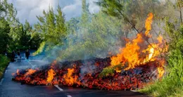 Info insolite  la coulée de lave de l’éruption du piton de la fournaise coupe la route nationale, sur l’île de la réunion. 