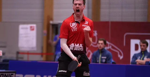 photo  andrea landrieu exulte : le caennais a remporté son match en cinq manches contre l’angevin can akkuzu, en pro a, mardi 17 mars 2026.  &copy;  marc olejnik 