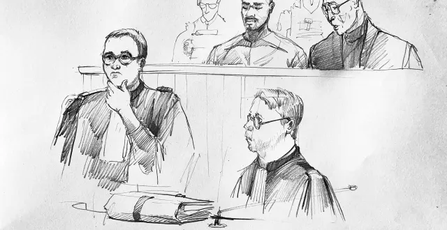 photo  les avocats me garo et me castel-pagès défendent les intérêts de l’accusé al khawad al zine sulaymane au procès du triple meurtre d’angers.  &copy;  dessin clémence banvillet 