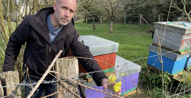 photo  stéphane pichard installe son piège anti-frelon asiatique à côté de ses ruches, à ménil-hubert-sur-orne, dans l’orne.  &copy;  ouest-france 