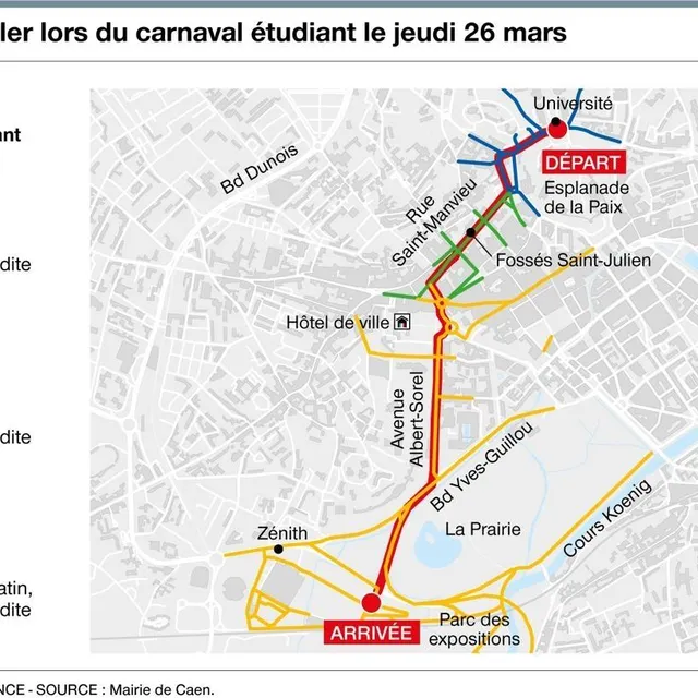 photo la circulation ainsi que le stationnement seront fortement perturbés aux abords du parcours. source : ville de caen.  ©  infographie ouest-france