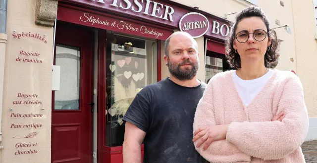 photo  fabrice chadaigne et sa compagne stéphanie horpin, devant leur boulangerie-pâtisserie à précigné, jeudi 26 mars 2026.  &copy;  ouest-france 