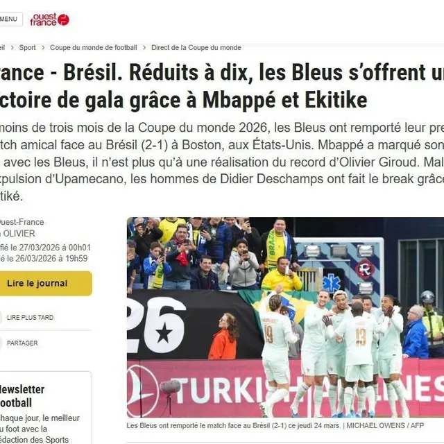 photo pour ouest-france, les bleus se sont offerts une victoire de gala.  ©  photo : capture écran