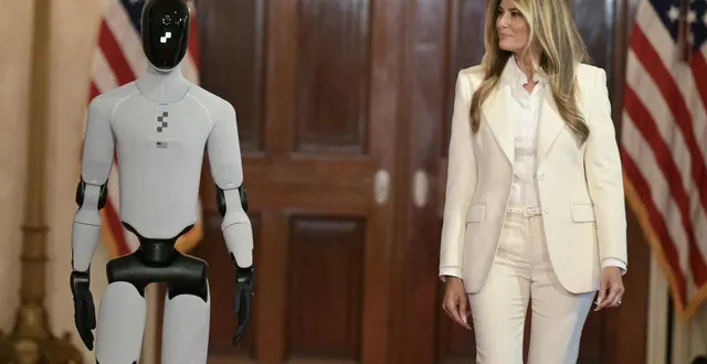 photo  la première dame américaine melania trump avec un robot de la start up figure ai à la maison-blanche, à washington, le 25 mars 2026.  &copy;  oliver contreras/ afp 