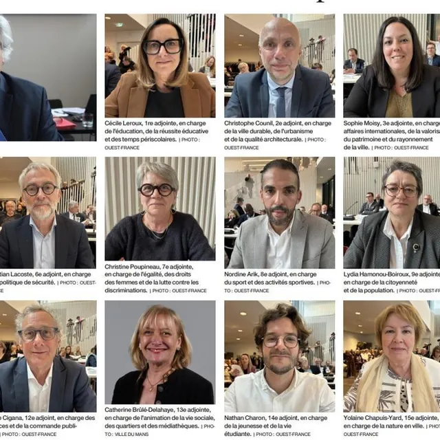 Le maire et les seize adjointes et adjoints élus ce vendredi 27 mars 2026, au Mans (Sarthe). Ouest-France photo le maire et les seize adjointes et adjoints élus ce vendredi 27 mars 2026, au mans (sarthe). © ouest-france