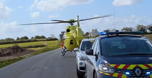 photo  un accident a causé la chute de trois cyclistes, ce samedi 28 mars 2026, à saint-vougay (finistère). le normand louis bourdoiseau a été transporté par les pompiers à l’hôpital de morlaix tandis qu’un autre coureur, thomas garel (mayenne-monbana-rapido), a été héliporté à brest.  &copy;  ouest-france 